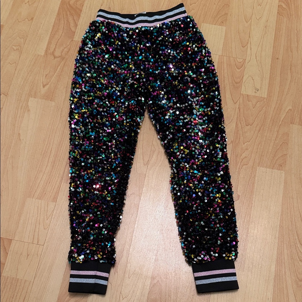 Girls' Sequin Black Joggers with Multicolor Sparkle